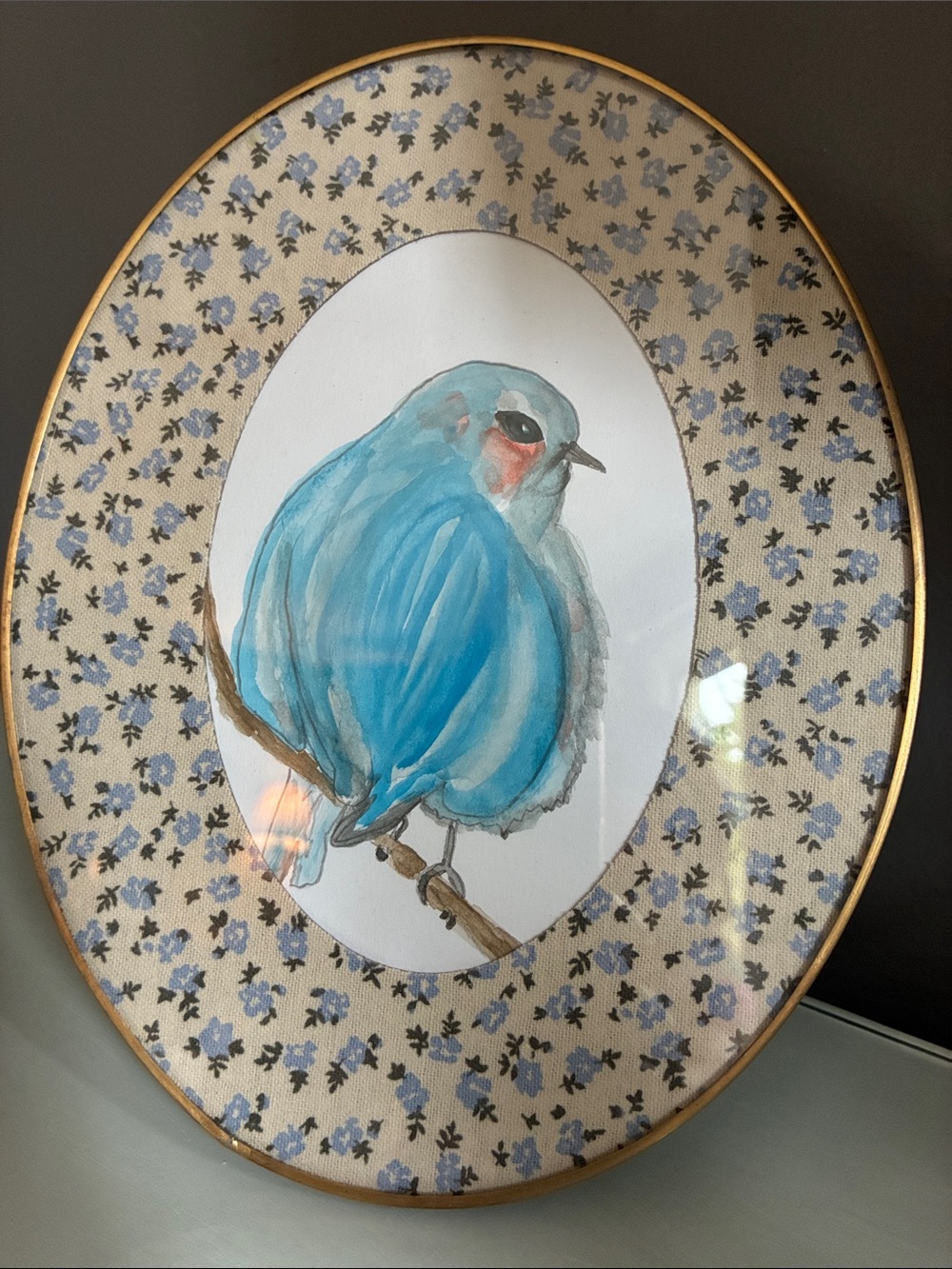 Cottage Core Brass Oval Frame With Bird Watercolor for 4 x 6” Photo